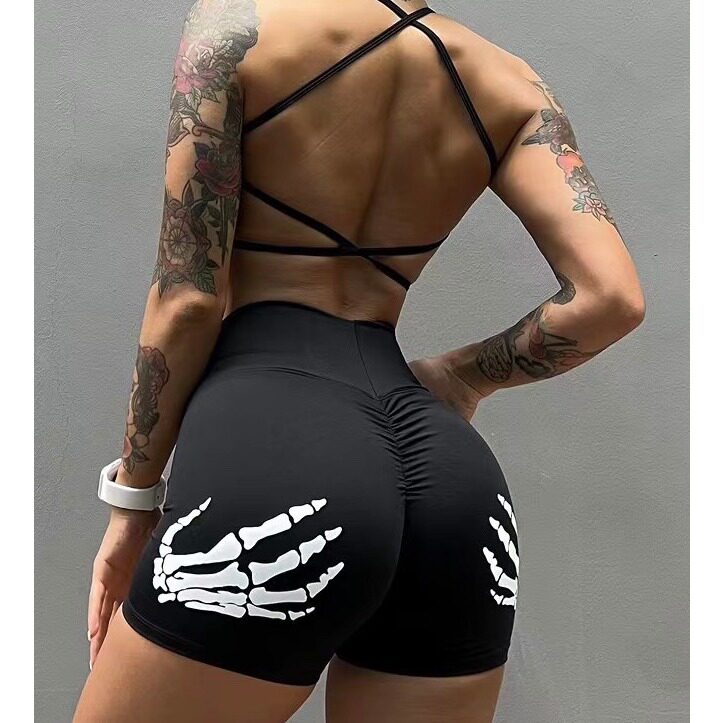 欧美运动健身短裤女性感提臀高腰收腹瑜伽裤速干骷髅手印花高弹新