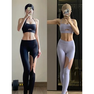 镂空运动健身服女文胸裹胸高弹吊带漏空裸感性感蜜桃长裤瑜伽套装