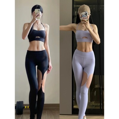 镂空运动健身服女文胸裹胸高弹吊带漏空裸感性感蜜桃长裤瑜伽套装