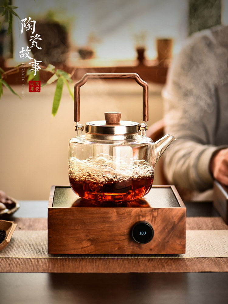 陶瓷故事黑胡桃实木电陶炉玻璃蒸煮茶壶耐高温提梁烧水壶围炉煮茶