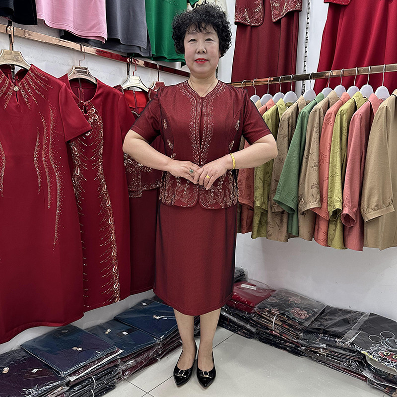 妈妈婚宴两件套连衣裙短袖烫钻开衫内搭长裙中老年喜婆婆喜庆套装