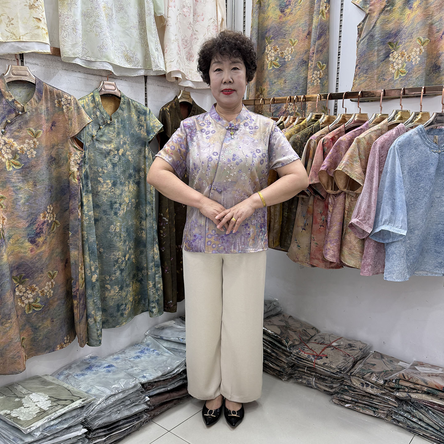 妈妈夏季中式改良旗袍上衣短袖立领斜襟盘扣碎花遮肚衬衣奶奶套装