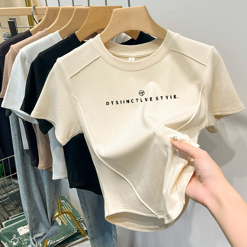 Women's Short-Sleeve T-Shirt with Regular Shoulders, 2026 Summer New Style, Plus Size, Slimming, Unique Design with Fishbone Pattern