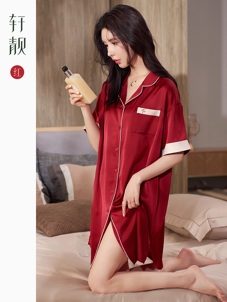 冰丝绸女式夏夜睡衣薄短袖睡衣模拟丝绸新娘婚礼红色礼服女式家装