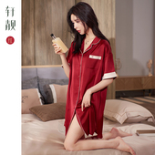短袖 冰丝睡裙女士夏季 薄款 睡衣仿真丝绸新娘结婚红色晨袍女家居服