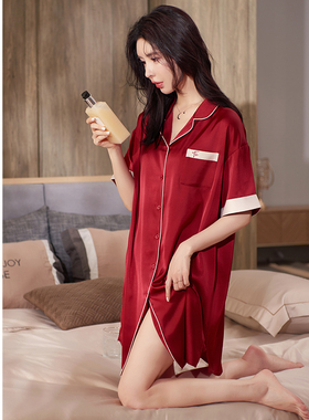 冰丝睡裙女士夏季薄款短袖睡衣仿真丝绸新娘结婚红色晨袍女家居服