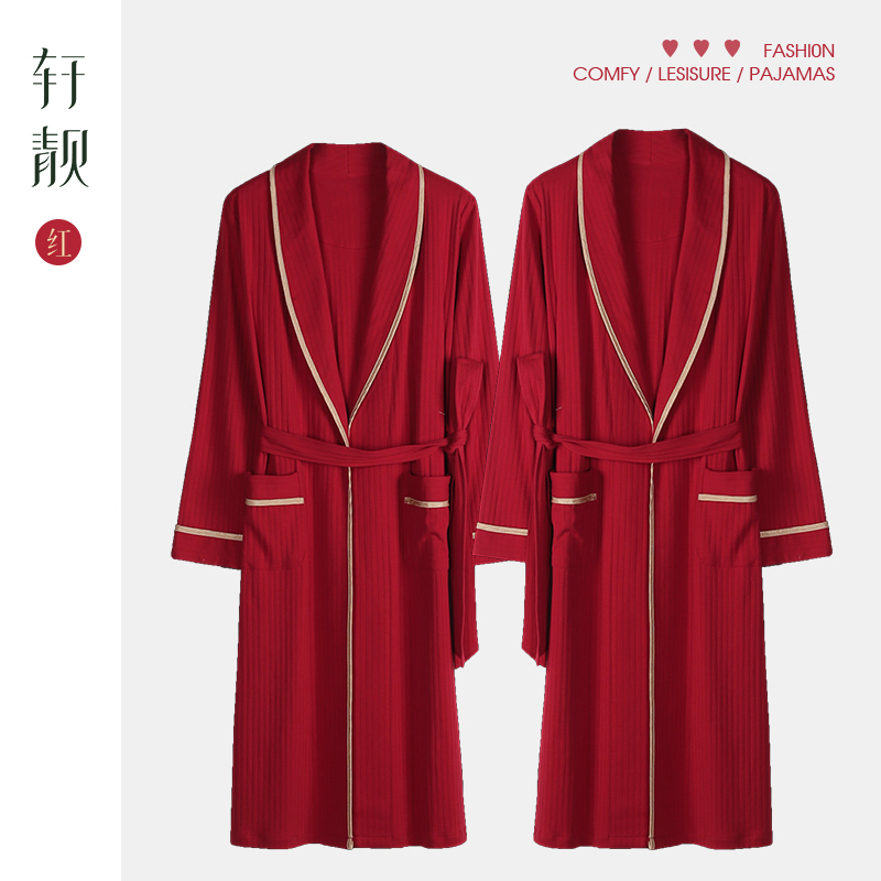 情侣纯棉性感红色结婚新娘晨袍
