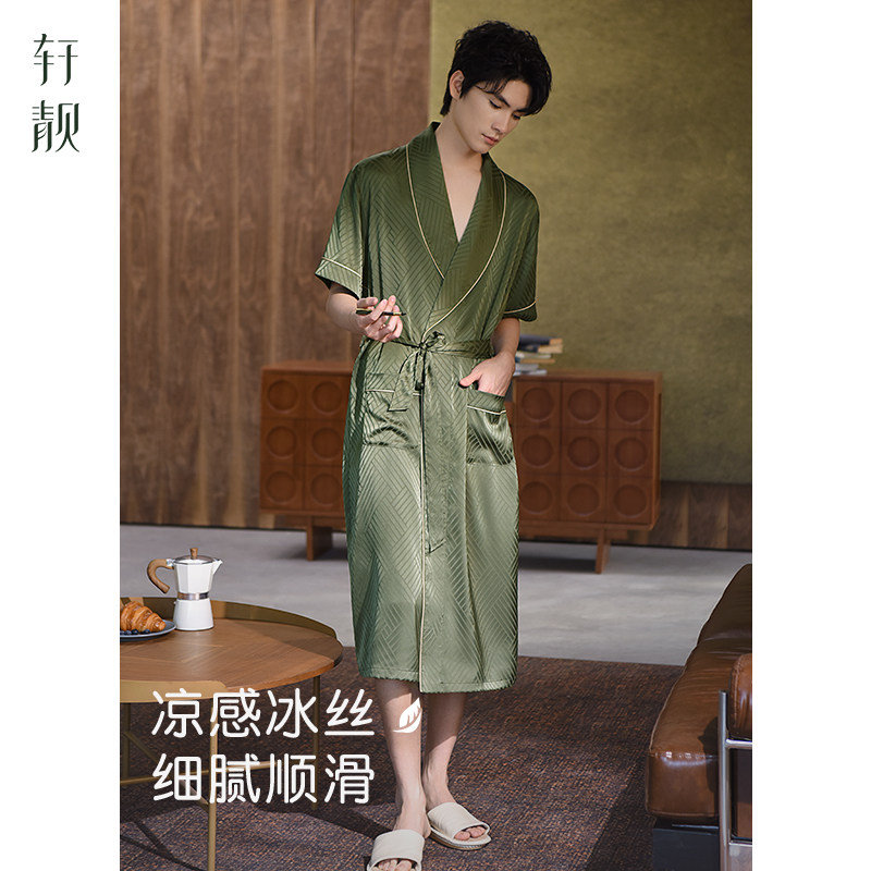 轩靓老钱风睡袍男士夏季薄款短袖睡衣高级感大码浴袍仿真丝家居服