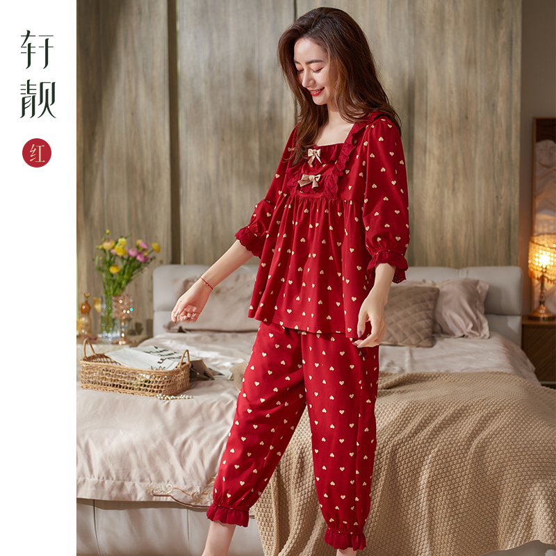 轩靓红色睡衣女夏季薄款纯棉半袖七分裤本命年家居服大码全棉套装