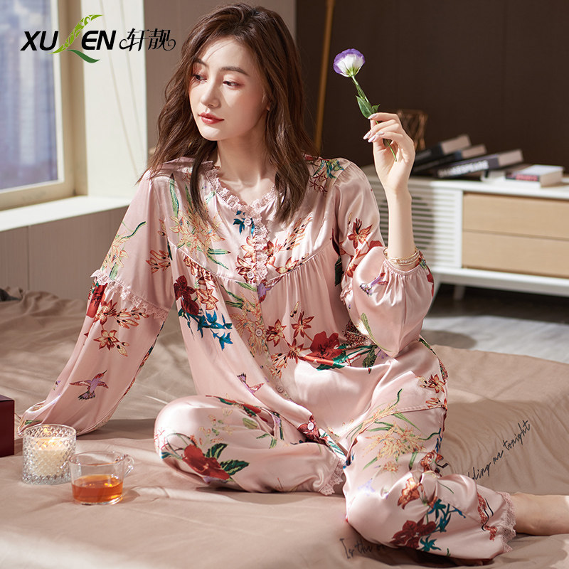 冰丝睡衣女春秋薄款宽松大码加肥蕾丝花边中年仿真丝绸家居服套装