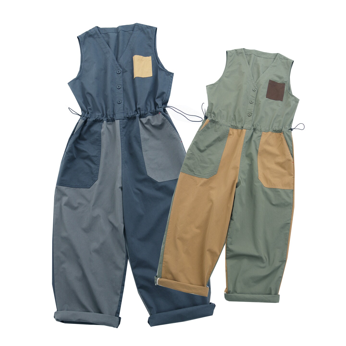 工装连衣裤无袖连体裤撞色拼接V领抽绳收腰宽松阔腿露营裤子大码