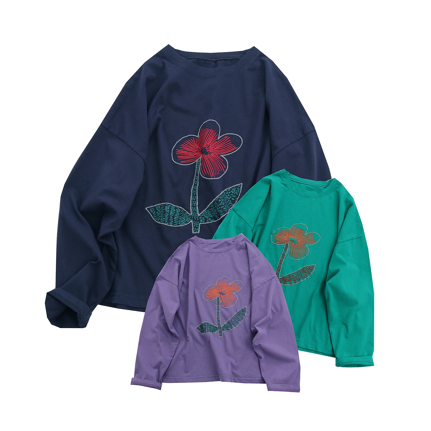 2025年新款秋季复古文艺显瘦宽松女装设计感刺绣花朵长袖T恤上衣