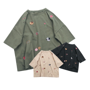 圆领半袖 女士宽松休闲大码 刺绣图案纯棉上衣文艺短袖 日单T恤新款