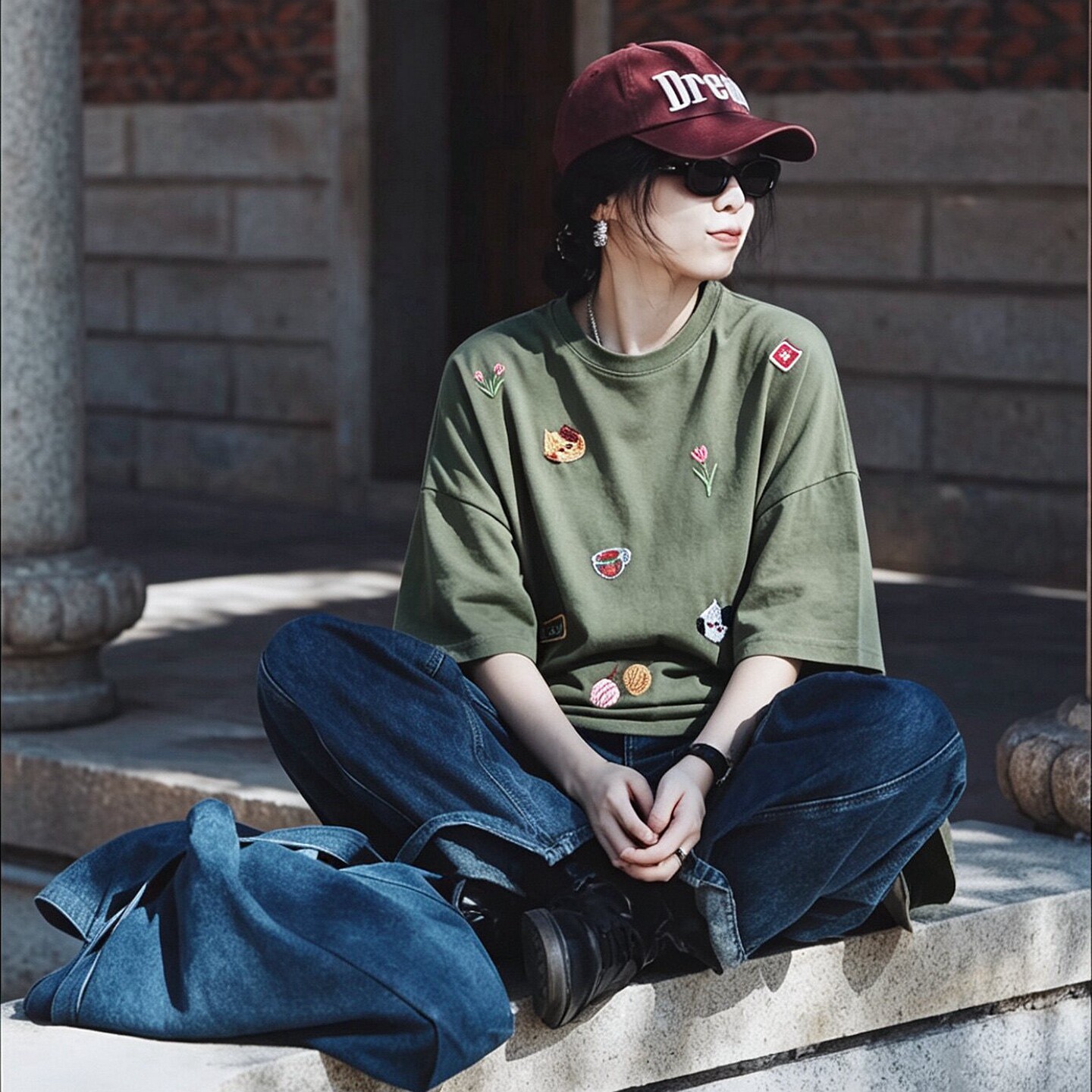 日单T恤新款刺绣图案纯棉上衣文艺短袖女宽松休闲大码圆领tshirt