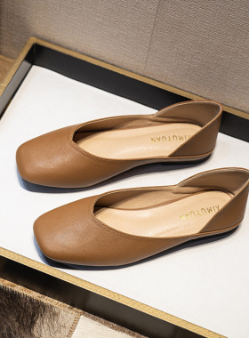 方头舒适单鞋女2025新款春季平底气质时尚女士不累脚踩跟单鞋