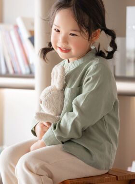 17th second儿童100%亚麻开襟长袖衬衫春夏百搭款亚麻立领上衣A类