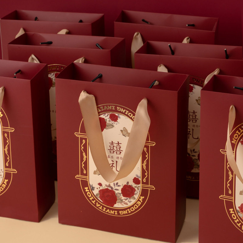 结婚红色小礼品袋嫁妆手提袋伴手礼袋子高级感喜庆纸袋婚礼喜糖盒