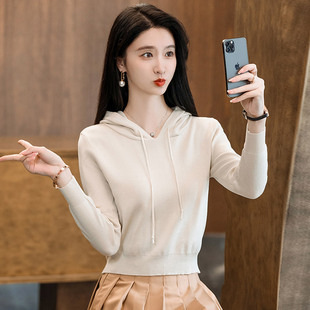 高腰薄款针织帽衫女长袖外穿短款毛衣2026年秋冬季连帽卫衣打底衫