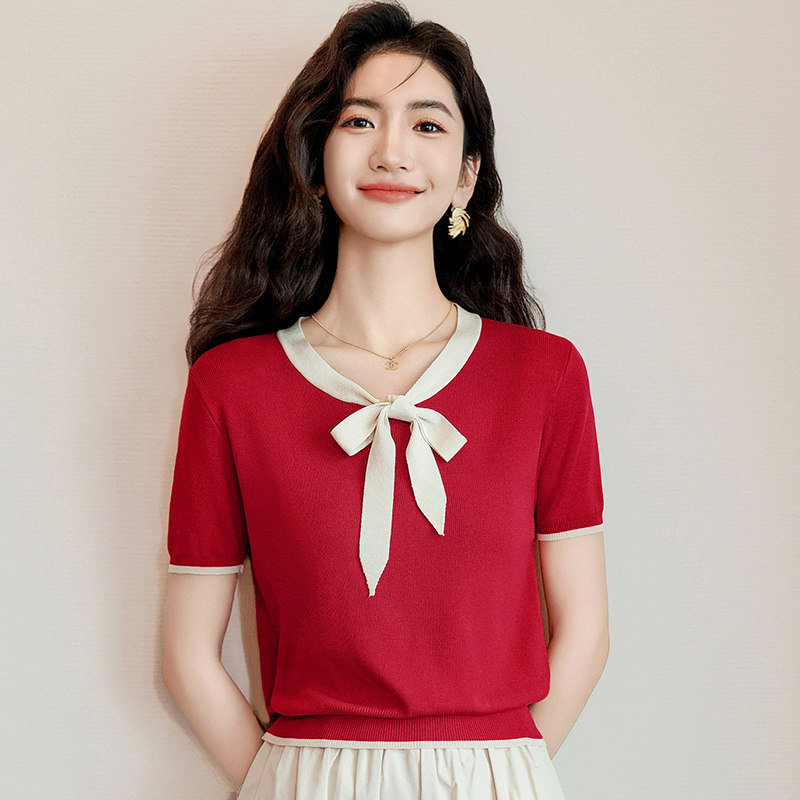 拼色蝴蝶结针织上衣女短袖正肩2026年夏季收腰小香风短款冰丝t恤