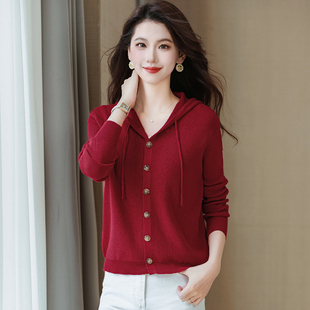 宽松带帽子毛衣外套女长袖复古外搭2026年秋冬保暖打底针织连帽衫