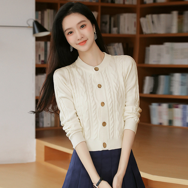 洋气麻花针织开衫女长袖2026年秋冬装加厚修身外搭毛上衣短款外套