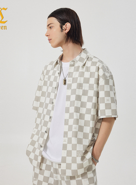 【商场同款】卡宾棋盘格牛仔短袖衬衫男夏季宽松潮牌衬衣开衫外套