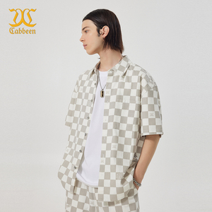 【棋盘格】商场同款卡宾牛仔短袖衬衫男夏季宽松潮牌衬衣开衫外套