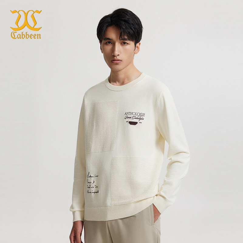 【精美刺绣】卡宾圆领毛衣男春季百搭时尚上衣长袖潮纯色针织衫