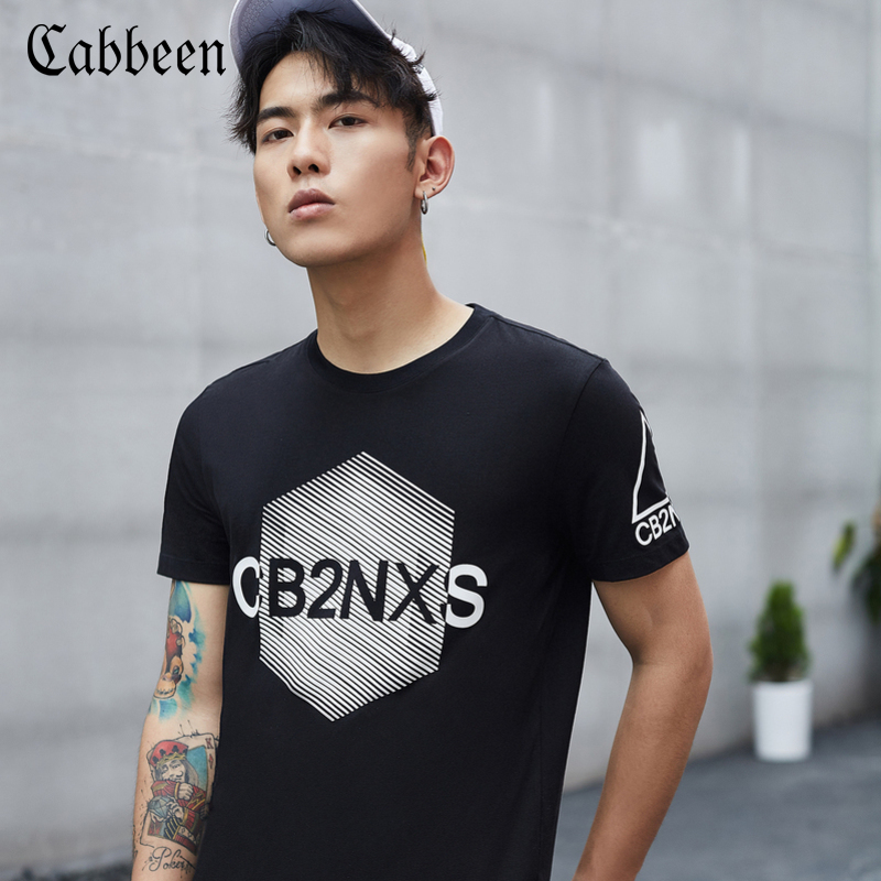 卡宾男装几何印花圆领短袖T恤个性字母修身上衣春潮男打底衫B
