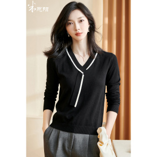 修身 米思阳2026春季 v领长袖 简约设计感休闲针织衫 上衣女2091 新款