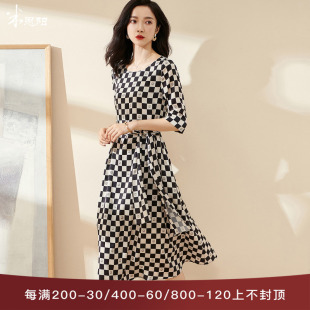 流行格子印花連衣裙五分袖 寬松中長裙0472 時尚 米思陽2024早春新款