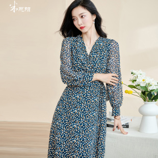 大摆裙子2508 长袖 米思阳2025早春新款 优雅碎花裹身茶歇连衣裙薄款