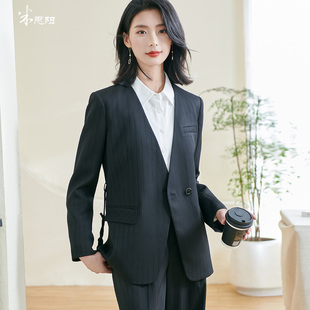 v领一粒扣职场外套女0166 气质复古竖条纹西装 米思阳2025春季 新款