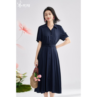米思阳2026夏季 知性优雅翻领连衣裙收腰显瘦气质裙子女6038 新款