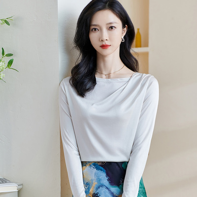 米思阳春季一字领设计感醋酸上衣百搭防嗮长袖打底t恤5Z23AT2712