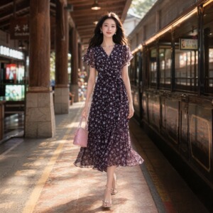 米思阳2026夏季新款广东广州十三行高质感气质碎花V领连衣裙女士