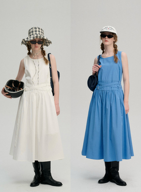 Uihasd蓝白调与裙' 腰部可自由调节精梳长绒棉圆领无袖背心连衣裙