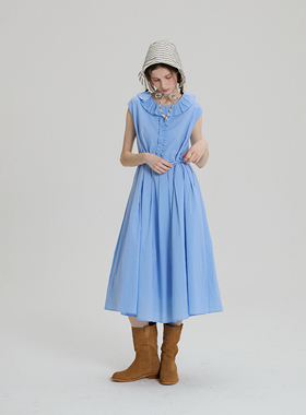 Uihasd双生缪斯'法式浪漫优雅氛围感蓝色荷叶花边系带收腰连衣裙