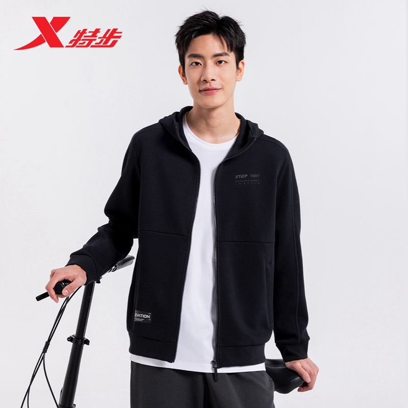 特步2025年秋季新款官方正品拉链外套针织连帽上衣男976329940030