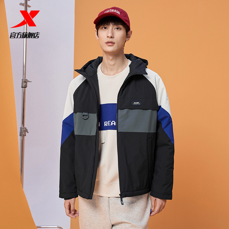 特步保暖棉服男装2025春季新款加厚连帽外套运动上衣977429170296
