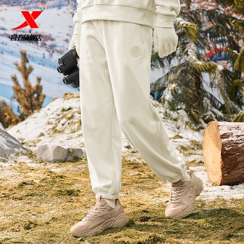 特步官方正品加绒卫裤女2025秋季新款针织休闲裤子女束脚运动长裤