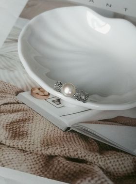 通体s925纯银戒指天然淡水珍珠开口戒可调节四叶草锆石轻奢饰品