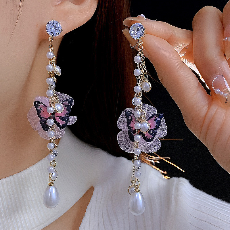 甜美复古风蝴蝶网纱花朵耳环小清