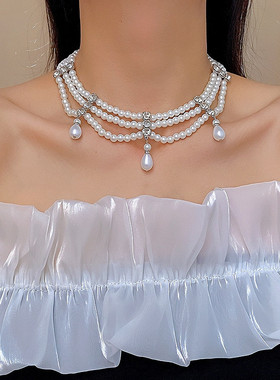 法式复古水滴流苏镶钻多层珍珠项