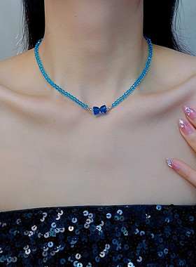 复古氛围感水晶串珠锁骨链女蓝色