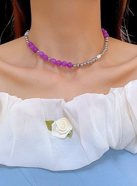 新款冷淡风项链紫红珠子流苏轻奢