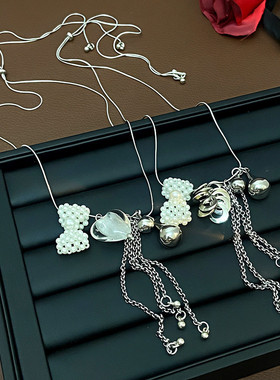 韩国时尚珍珠蝴蝶结手工流苏项链