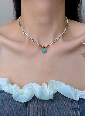 小众设计天然石松石串珠项链高级