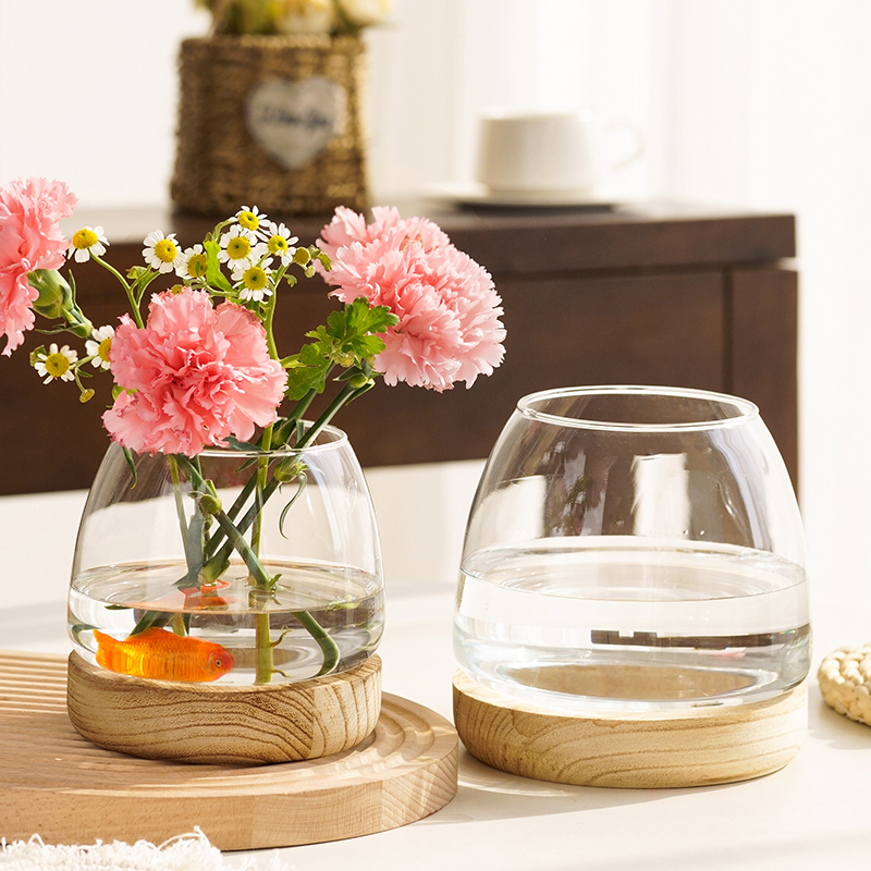 北欧风简约玻璃花瓶原木网红创意水培器皿鱼缸餐桌客厅插花装饰