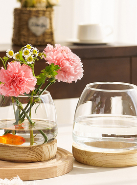 北欧风简约玻璃花瓶原木网红创意水培器皿鱼缸餐桌客厅插花装饰